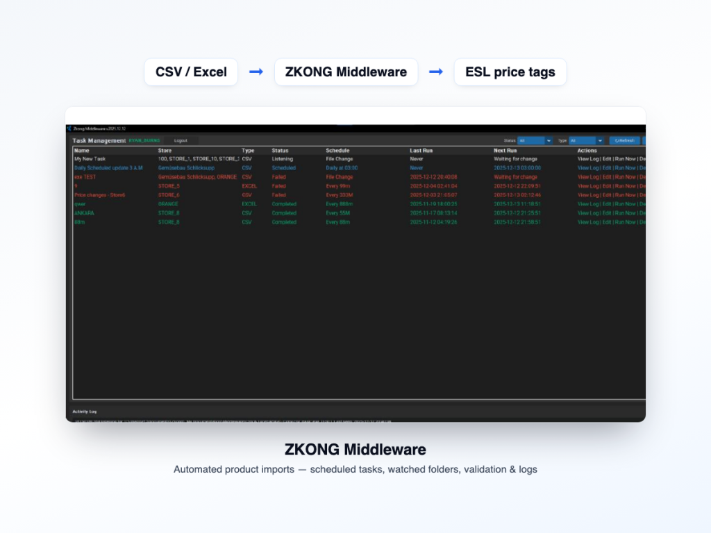 ZKONG Middleware — automated CSV/Excel import into the ESL platform